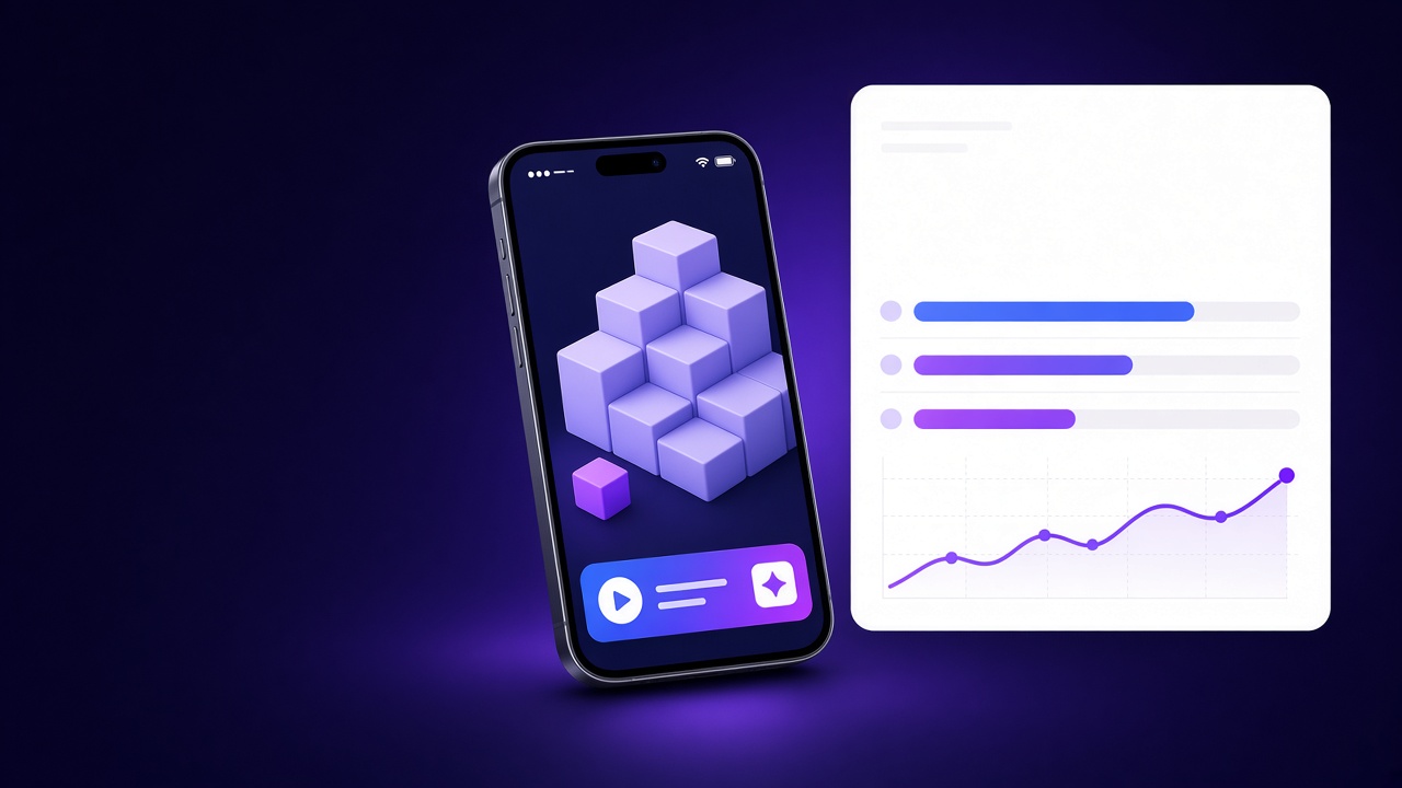 A phone with an in-app banner ad next to a campaign performance chart